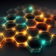 Futuristic Hexagon Grid: A close-up view of a luminous hexagon grid with an abstract and modern design, showcasing glowing lines and interconnected structures against a dark backdrop. 