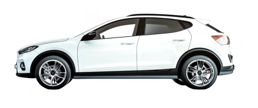 White SUV car features a sleek profile on transparent background offering a side view
