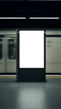 Subway station scene with a blank advertising billboard and blurred train moving in the background on tiled floor