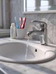 Modern bathroom sink with water running and toothbrushes nearby.