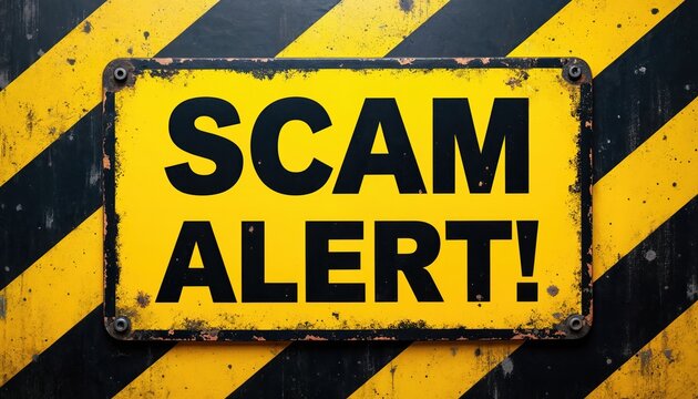 Scam alert sign features prominent black text on distressed yellow background. Bold letters warn of fraud danger. Black, yellow hazard stripes surround warning plate. Signage conveys risk, caution,