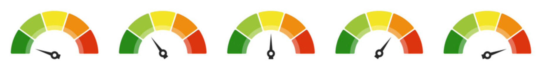 Speedometer icons set. Dashboard performance indicator sign symbol. Colorful rating gauge meters icons set. Multiple feedback and performance indicator speedometer icons. Vector illustration.