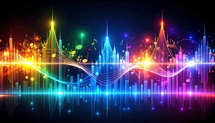 Vibrant Abstract Sound Waveform and Equalizer Display with Cityscape Lights.