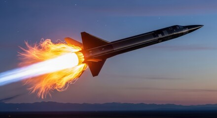 Spectacular supersonic aircraft igniting its afterburners against twilight sky