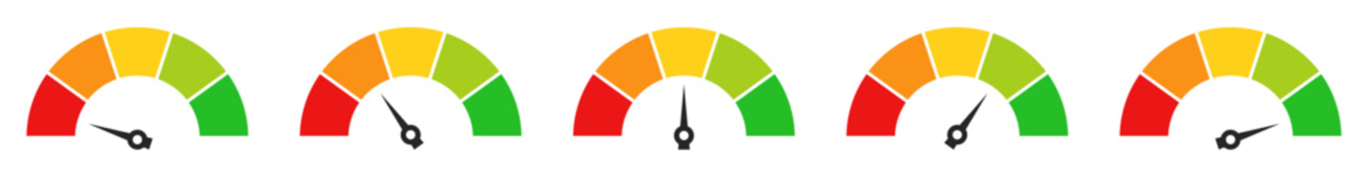 Speedometer icons set. Dashboard performance indicator sign symbol. Colorful rating gauge meters icons set. Multiple feedback and performance indicator speedometer icons. Vector illustration.