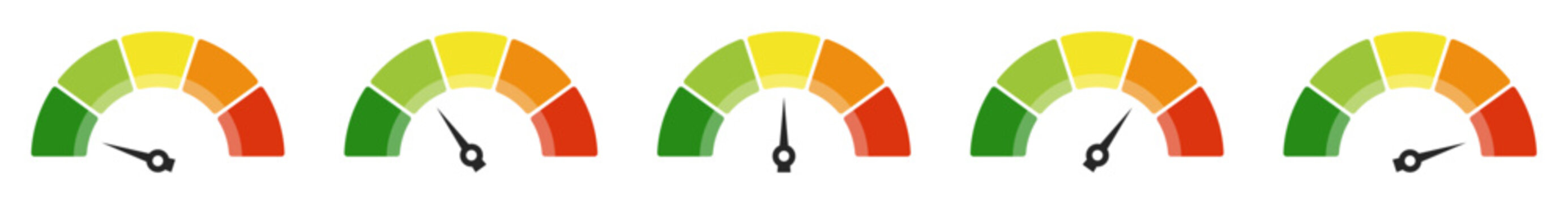 Speedometer icons set. Dashboard performance indicator sign symbol. Colorful rating gauge meters icons set. Multiple feedback and performance indicator speedometer icons. Vector illustration.