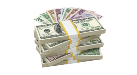 Stack of United States currency banknotes isolated PNG with Transparent Background
