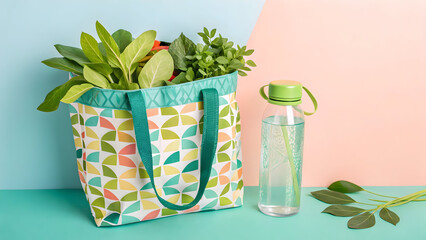 Fototapeta premium Colorful bag filled with fresh green leaves and water bottle tote reusable