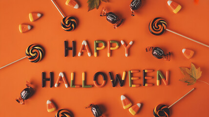Happy halloween message with candy corn, lollipops, and wrapped sweets on an orange background layout .