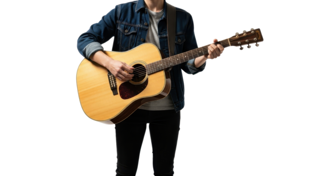 Man playing acoustic guitar in casual style isolated PNG with Transparent Background
