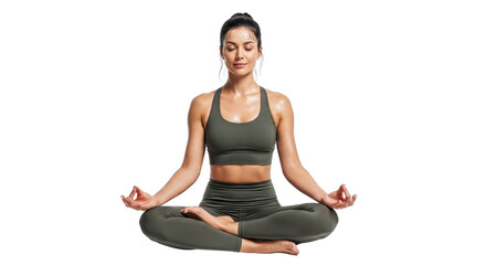 Woman in sports bra meditating in lotus position isolated PNG with Transparent Background