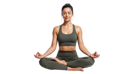 Woman in sports bra meditating in lotus position isolated PNG with Transparent Background
