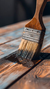applying shellac over stian in wood table with a brush. AI generative.