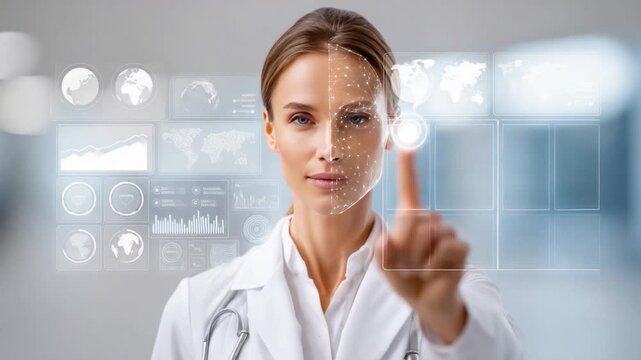 Doctor in a Futuristic Medical Environment: A visionary doctor of the future, with medical innovation. She is interacting with advanced. - Powered by Adobe