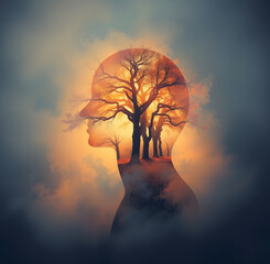 Conceptual Surreal Portrait of Person with  Nature and Light Blossoming Within Their Head