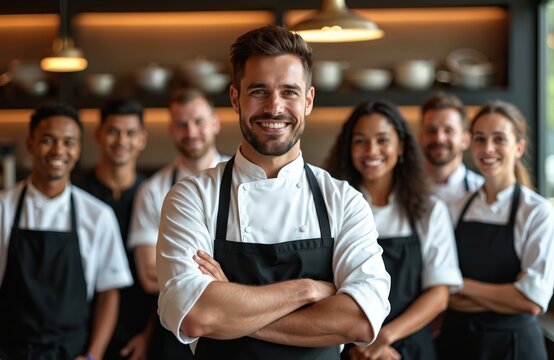 Diverse restaurant team poses confidently, culinary passion, pro service. Chefs, servers, united in hospitality, prepare for busy dining experience. Group represents skilled industry professionals