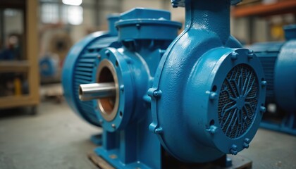 Fototapeta premium Industrial blue water pumps, essential for agriculture irrigation, resource management. Powerful machinery components feature robust design, efficient motor technology for dependable performance in