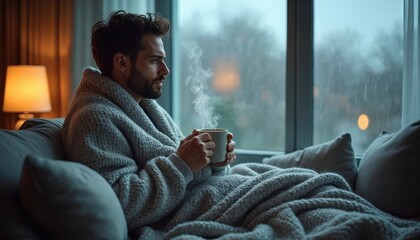 Man wrapped in grey blanket sits on couch by window holding steaming coffee cup. Looks out at rainy, cloudy day. Warm atmosphere evokes peaceful, tranquil, cosy feeling. Quiet solitude enhances