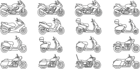 Motorbike and scooter vector icons collection, outline style, motorcycle designs, transportation, vehicle set, retro, modern, delivery, urban commuting