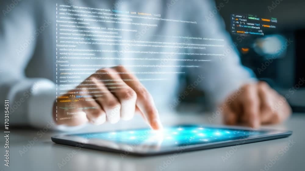 Wall mural interactive tech: a focused view of a person's finger interacting with a glowing tablet, showcasing 