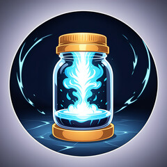 Captivating blue energy swirls within a glass jar, symbolizing powerful innovation and scientific discovery