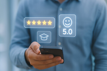 Person holding smartphone with glowing five star rating icons symbolizing customer feedback review and positive experience