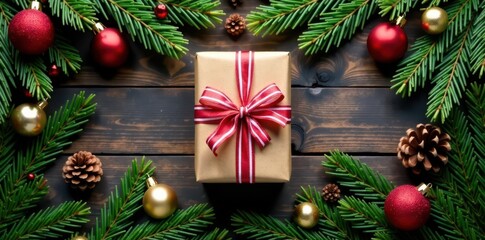 Fir branches frame, wrapped gift in center Rustic Christmas setting , green, still life, tree