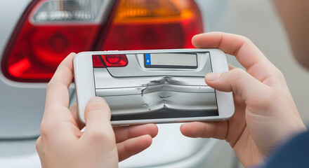 Close Up of Person Taking Picture of Silver Car Damage with Mobile Phone