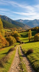 Obraz premium Idyllic landscape featuring a winding path through rolling hills scenery