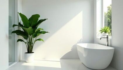 Fototapeta premium Lush Boston fern in white modern bathroom; ample copy space , green, elegant, wellness