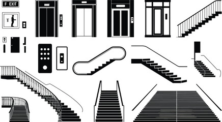 Set of black elevator and staircase icons, escalator symbols, architectural interior elements, building access design, modern vertical transportation vector collection © Akaza
