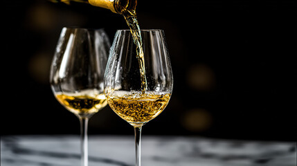 condensation. Two wine glasses with golden liquid pouring, elegant condensation on dark marble surface. bar promotions, beverage menus, designed for food & beverage menus and cafe branding.