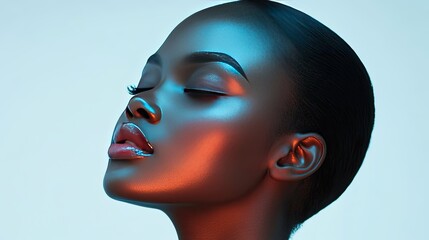 Profile view of elegant woman with glowing skin and glossy lips, lit softly against a plain white backdrop