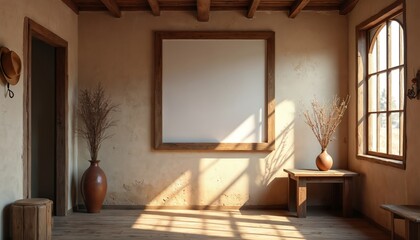 Rustic room interior features blank square photo frame on textured wall. Western-style decor includes cowboy hat, dried plants in pottery vases, wooden furniture, and window with natural light.