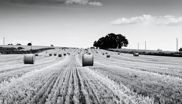 Serene Black And White Landscape With Hay Bales - Powered by Adobe