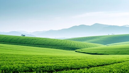 Naklejka premium Serene Green Tea Plantation Landscape Under a Clear Sky