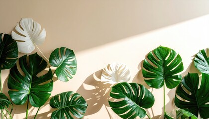Soft Light on Tropical Leaves Arranged on Beige Wall
