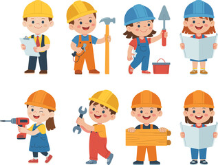 Cute children wearing safety helmets working with construction tools, building, engineering, teamwork, kids in hard hats, playful learning
