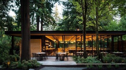 Fototapeta premium Quiet garden scene featuring a wooden building and cozy outdoor dining space beneath tall trees