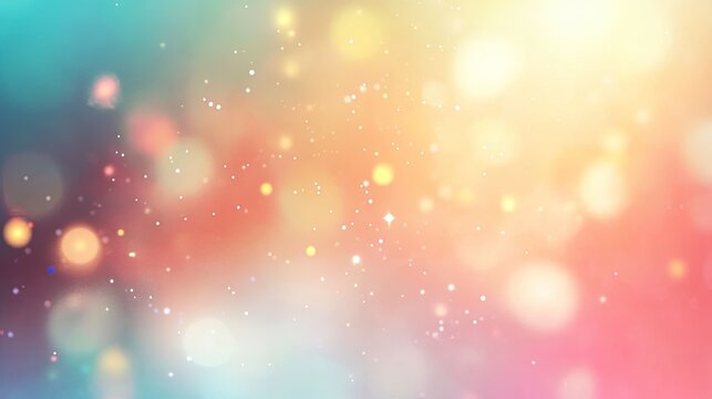 Abstract background of blurred colorful lights and bokeh, featuring a gradient of teal, orange, and pink hues, speckled with tiny glittering particles