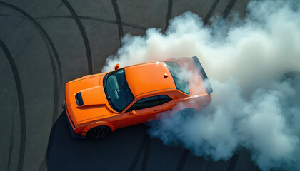 Aerial view captures orange sports car drifting on track, emitting clouds of white smoke. Powerful vehicle demonstrates dynamic motion and high performance with its tires creating burnouts on asphalt.