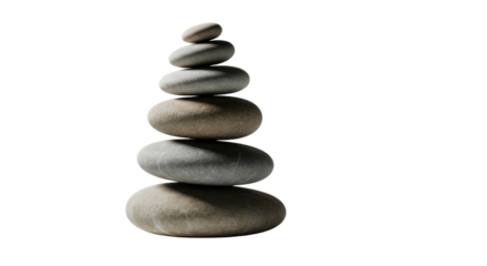 Seven smooth stacked zen stones isolated on white background for balance and stability concept