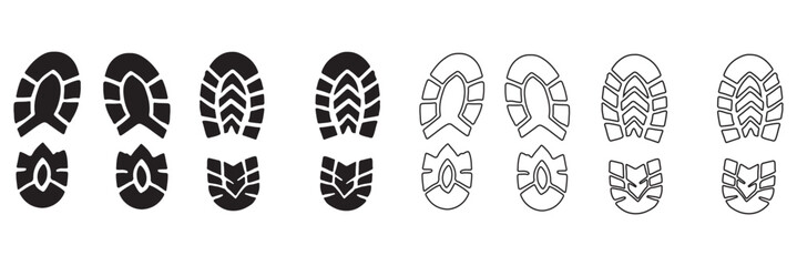 Human bare walk footprints shoes and shoe sole Kids feet vector set. footsteps icon or sign for print, trail Walking footstep and footprint follow route