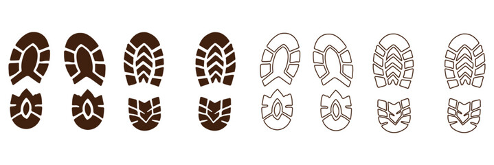 Human bare walk footprints shoes and shoe sole Kids feet vector set. footsteps icon or sign for print, trail Walking footstep and footprint follow route