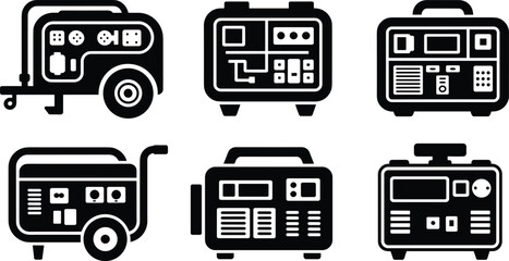 Set of black portable generator, electric power supply, energy equipment icons, industrial backup power, electric generator vector collection illustration