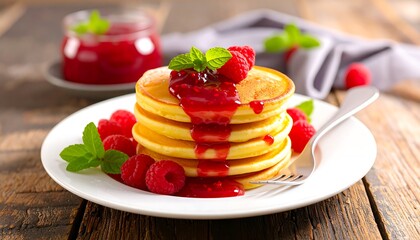 Stacked pancakes with raspberry sauce