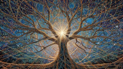 A classic tree of life diagram is unraveled and rewoven into a new, complex network of glowing light.