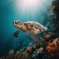 Fototapeta premium Sea turtle swimming underwater near coral reef with sunlight rays shining through clear blue ocean water