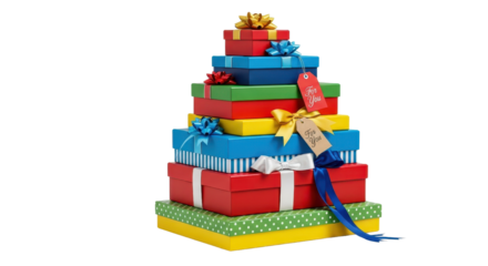 Tall stack of colorful wrapped holiday gift boxes isolated on white background