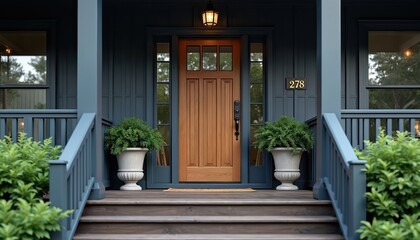 Charming wooden front door with decorative greenery and potted plants framing the entrance. Home exterior features blue siding, wood stairs, and a welcoming porch with a number sign.
